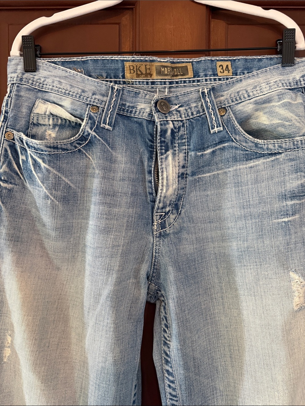 BKE Light Blue Straight Leg Mens Jeans with Distressed Accents - Picture 2 of 5